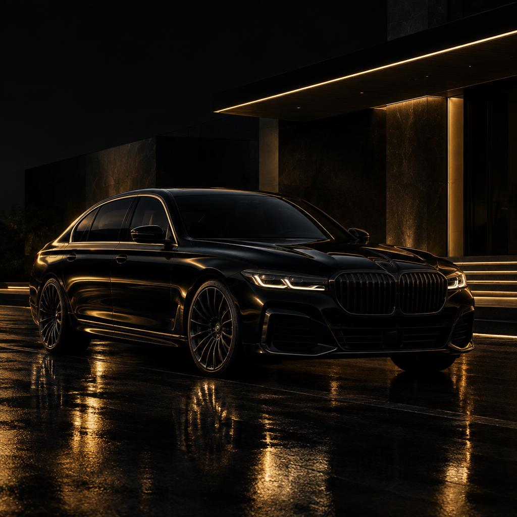 Glossy black luxury sedan from Voyage Noir at night